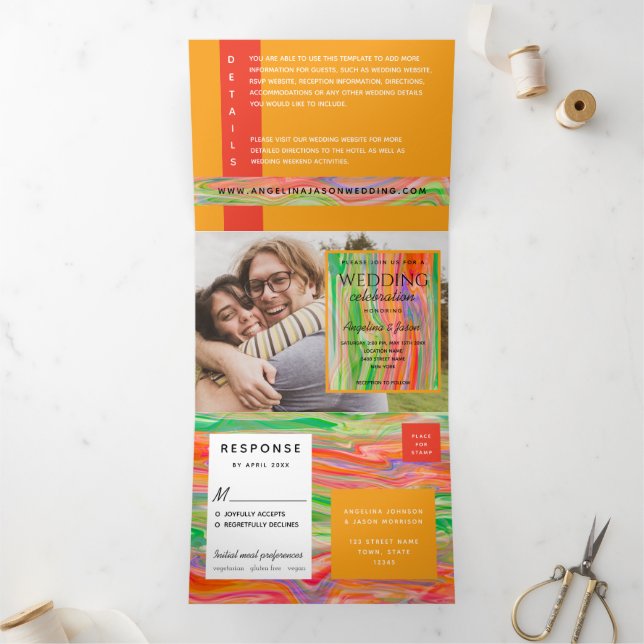 3 in 1 Orangefarbene Foto Hochzeit Dreifach Gefaltete Einladung (Innenseite)