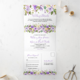 3 in 1 Rustikale Hochzeit Lila Flora Dreifach Gefaltete Einladung