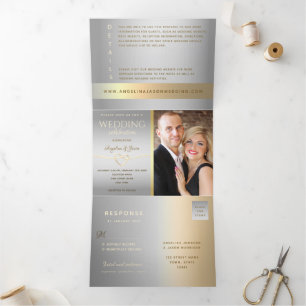 3 in 1 Silber und Gold Foto-Hochzeit Dreifach Gefaltete Einladung