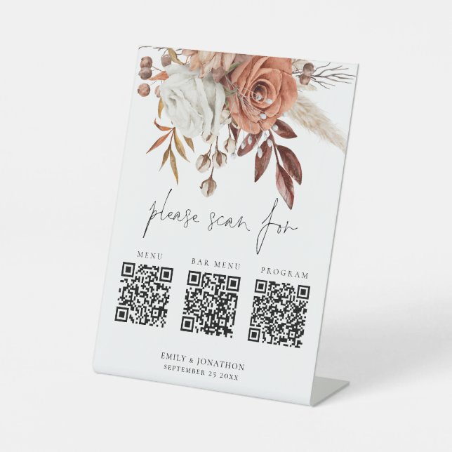3 in einem QR Codes Bar Menu Programm Florals Wedd Sockelschild (Vorderseite)
