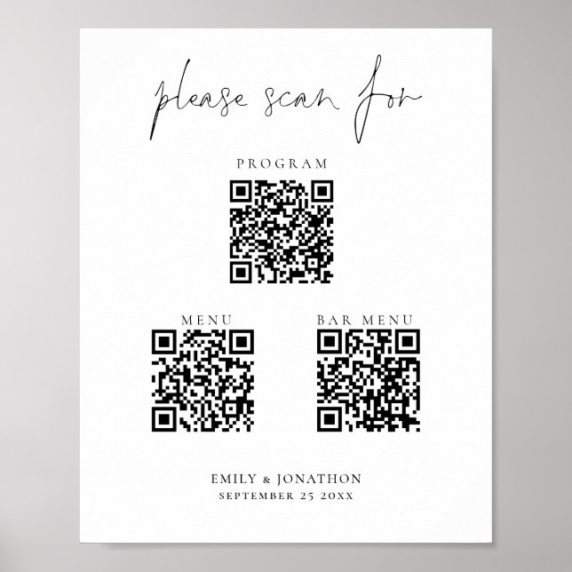 3 in One Qr Codes Bar Menü Programm Skript Hochzei Poster (Vorne)