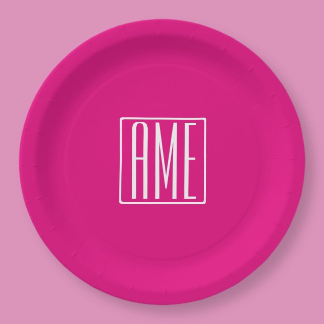 3 Initialen Monogramm | Weiß auf Hot Pink Pappteller (Von Creator hochgeladen)