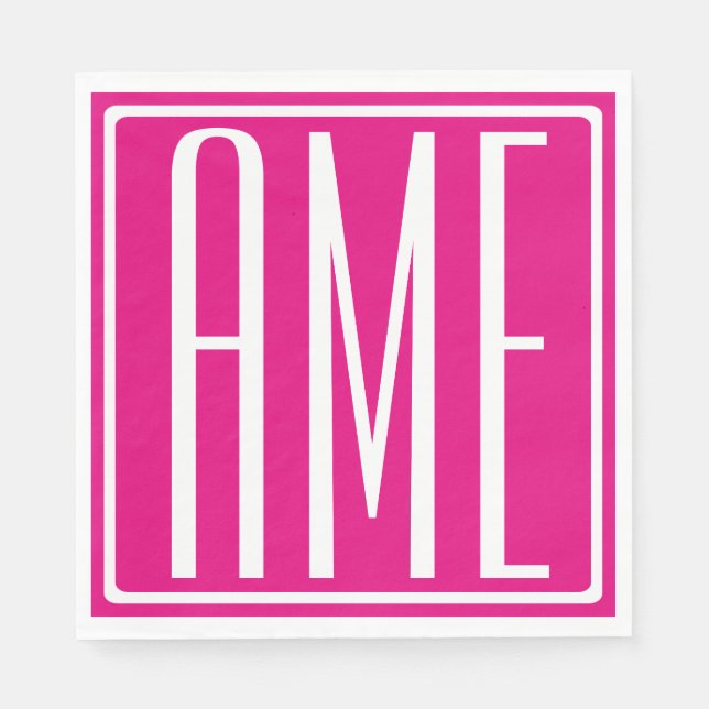 3 Initialen Monogramm | Weiß auf Hot Pink Serviette (Vorderseite)