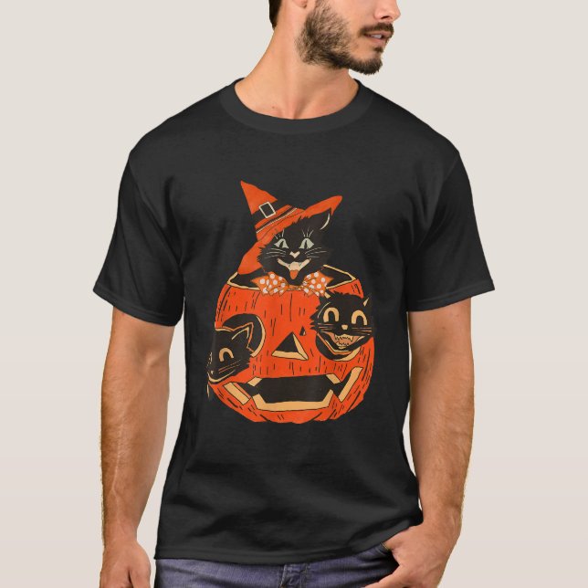 3 Katzen Kürbiskraut Kürbislaterne KatzenHalloween T-Shirt (Vorderseite)