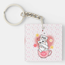 3 Katzen mit Blumen und einer Tasse Schlüsselanhänger