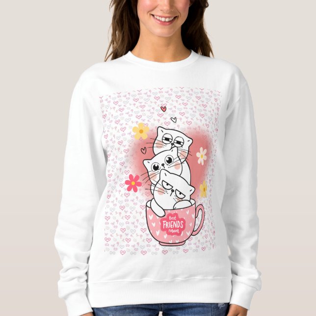 3 Katzen mit Blumen und einer Tasse Sweatshirt (Vorderseite)
