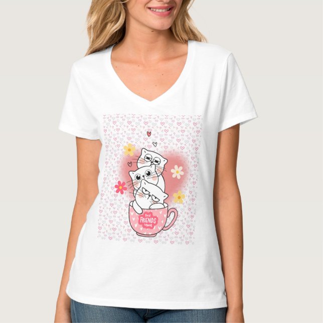 3 Katzen mit Blumen und einer Tasse T-Shirt (Vorderseite)
