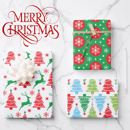 3 Koordination der Red Green Christmas Tree Rentie Geschenkpapier Set