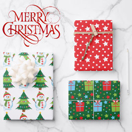 3 Koordinierung der Weihnachtsbaum-Snowman-Sterne Geschenkpapier Set