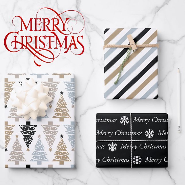 3 Koordinierung Schwarz-weißer Weihnachtsbaumstrei Geschenkpapier Set (Von Creator hochgeladen)