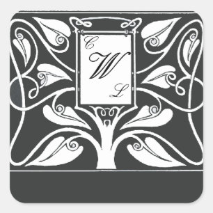 3 Letter Monogram mit Schwarz-Weiß-Blätter Quadratischer Aufkleber
