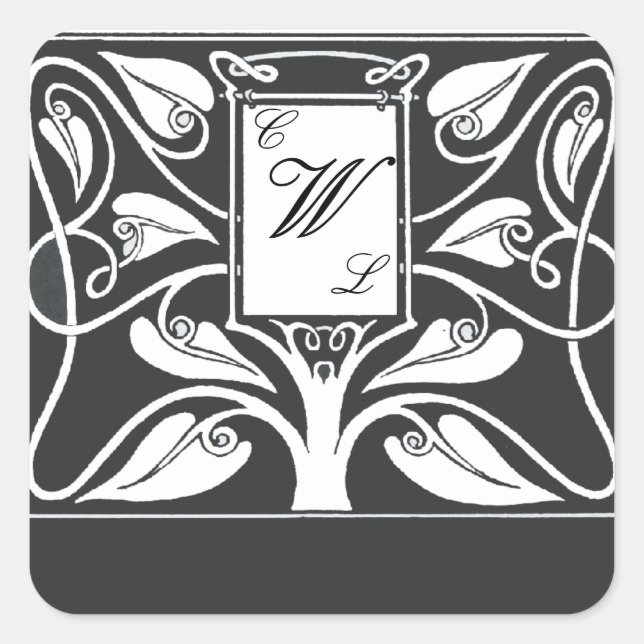 3 Letter Monogram mit Schwarz-Weiß-Blätter Quadratischer Aufkleber (Vorderseite)