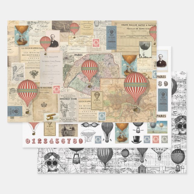 3 Luftfahrt-Ballon Collage Ephemera Sheets Geschenkpapier Set (Set)