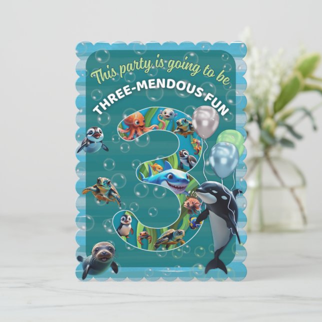 3-Mendous Fun Flat Scalloped Birthday Invitation Einladung (Stehend Vorderseite)