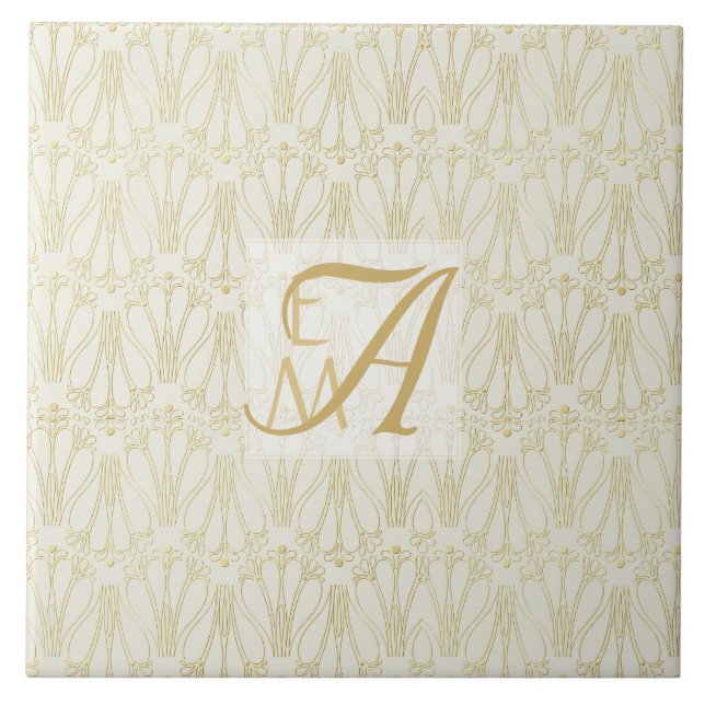3 Monogram Art Deco Gold Cream New Deeds Deco Fliese (Vorderseite)