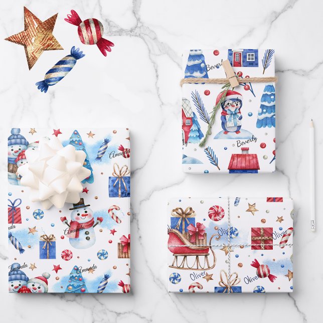 3 Namen, Matching Blue Red 19x29, Winter Holiday Geschenkpapier Set (Von Creator hochgeladen)