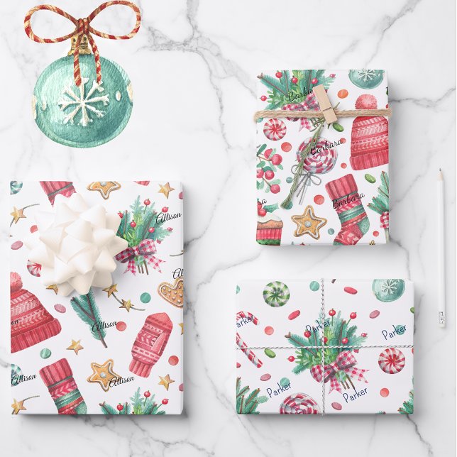 3 Namen, Rot & Grün 19x29 Weihnachten Geschenkpapier Set (Von Creator hochgeladen)