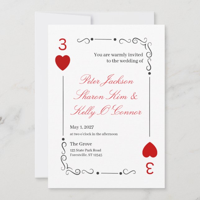 3 of Hearts Throuple Wedding Invitation Einladung (Vorderseite)
