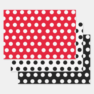 3 Packung: Polka Punkte auf Weiß & Schwarz & Rot Geschenkpapier Set