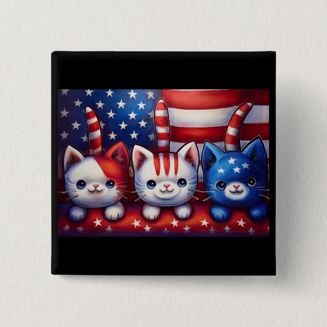 3 patriotische Kätzchen mit amerikanischer Flagge Button (Vorderseite)