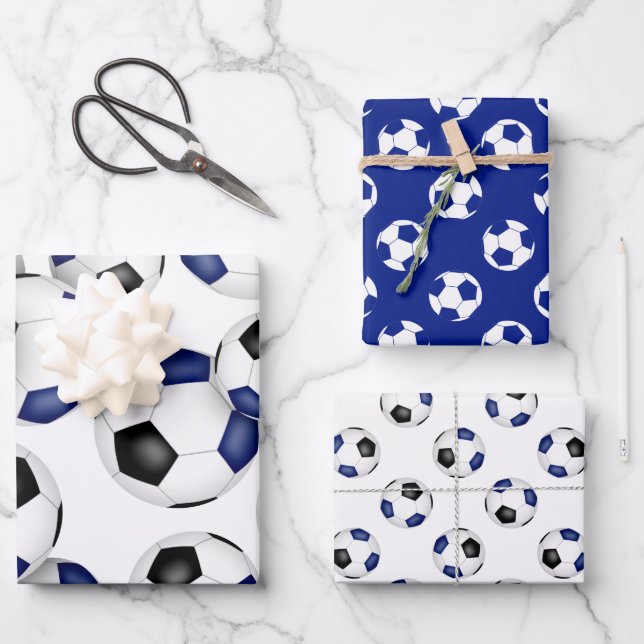 3 pc koordiniert blaue Mannschaftsfarben Fußballbä Geschenkpapier Set (Vorderseite)