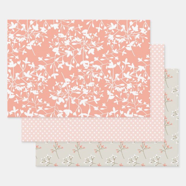 3 pc Set Peach and Tan Floral and Pink Polka Dots Geschenkpapier Set (Set)