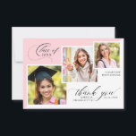3 Photo Collage Girly Graduation Dankeskarte<br><div class="desc">Show your appreciation with this girly 3 photo collage graduation thank you card. The design features a soft pink and white layout with three photo spaces to highlight special graduation memories. Elegant script typography adds a stylish and personal touch. This thank you card is perfect for thanking family and friends...</div>