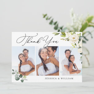 3 PHOTO Elegant Eucalyptus White Roses Floral Dankeskarte