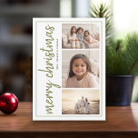 3 Photo Modern Minimal Calligraphy Feiertagskarte<br><div class="desc">A minimalist design that includes 3 photos with a rustic modern calligraphy and large holiday greeting. The back includes a watercolor muddled pattern.</div>
