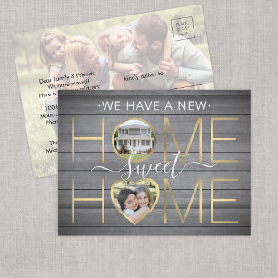 3 Photo New Home Sweet Home Rustic Faux Wood Gold Ankündigungspostkarte