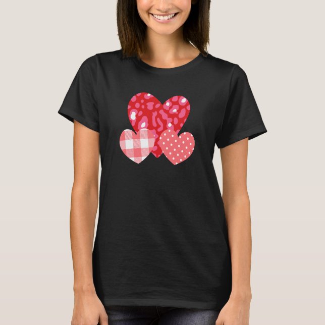 3 Pink Hearts Love Leopard Plaid Polka Dots Valent T-Shirt (Vorderseite)