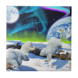 3 Polar Bear Cubs Playing in Snow - Earth Day Art Fliese