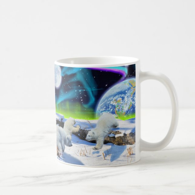 3 Polar Bear Cubs Playing in Snow - Earth Day Art Kaffeetasse (Rechts)