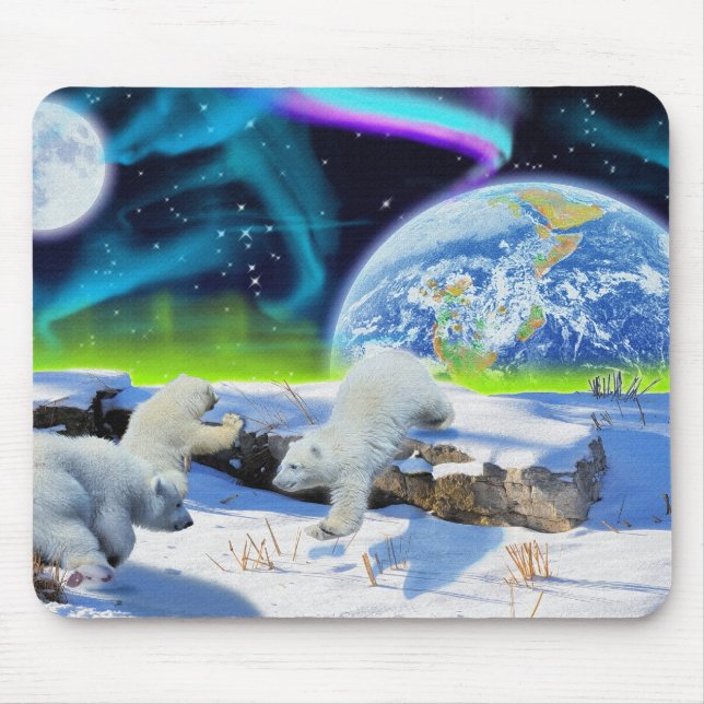3 Polar Bear Cubs Playing in Snow - Earth Day Art Mousepad (Vorne)