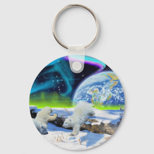 3 Polar Bear Cubs Playing in Snow - Earth Day Art Schlüsselanhänger