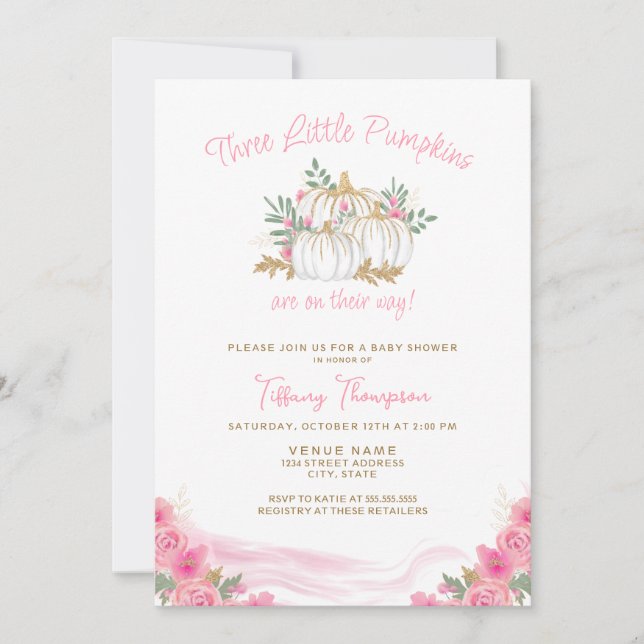 3 Pumpkins on Way Fall Girl Triplets Baby Showdusc Einladung (Vorderseite)