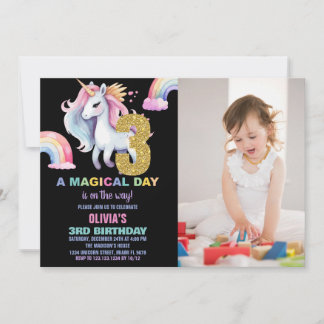 3. Rainbow Unicorn Geburtstagseinladungen mit Foto Einladung