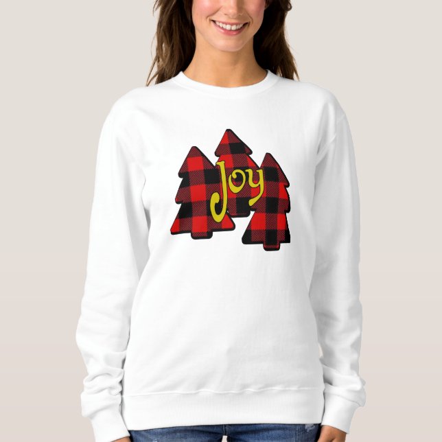 3 RED KARIERT CHRISTMAS BÄUME UND JOY SWEATSHIRT (Vorderseite)