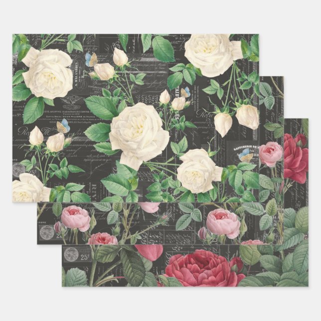 3 Rose Holzkohlekollektion Ephemera Sheets Geschenkpapier Set (Set)