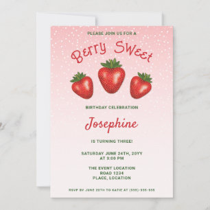 3 rote Erdbeeren auf rosa Berry Sweet Birthday Einladung