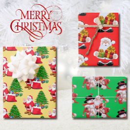 3 Santa Claus Red Green Hintergrund Hübsches Gesch Geschenkpapier Set