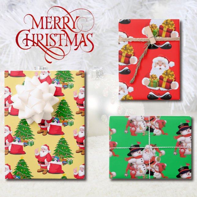 3 Santa Claus Red Green Hintergrund Hübsches Gesch Geschenkpapier Set (Von Creator hochgeladen)
