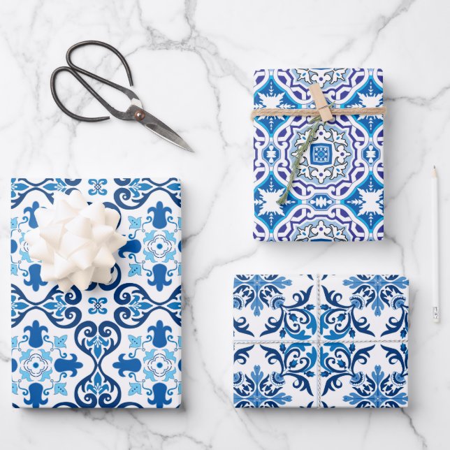  😍 3 Schönes Blaues Azulejos-Wrapping  Geschenkpapier Set (Vorderseite)
