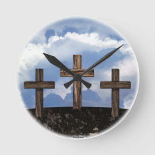 3 schroffe Kreuze mit Himmel Runde Wanduhr