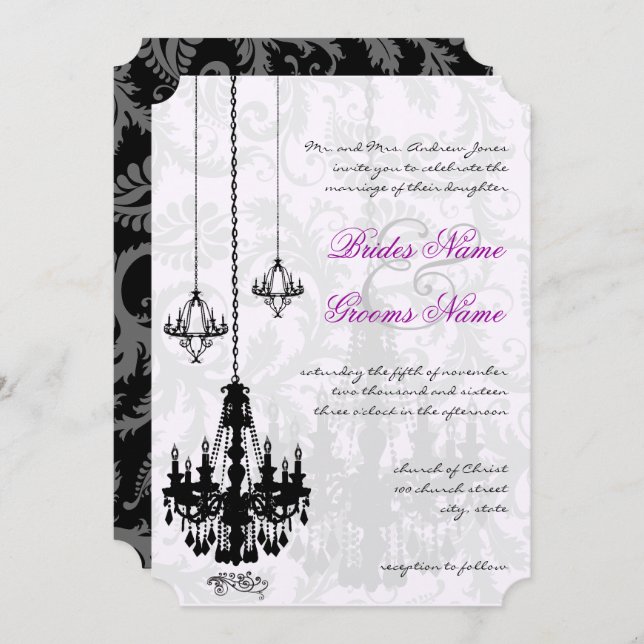 3 Schwarze Kronleuchter Viktorianisch Damask Weddi Einladung (Vorne/Hinten)