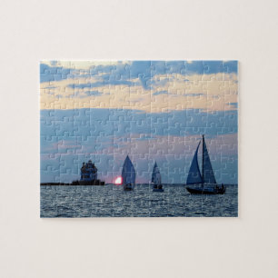 3 Segelboote am Sonnenuntergang-Puzzlespiel Puzzle