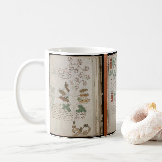 3 Seiten des Voynich-Manuskripts Botanischer Kodex Kaffeetasse (Mit Donut)