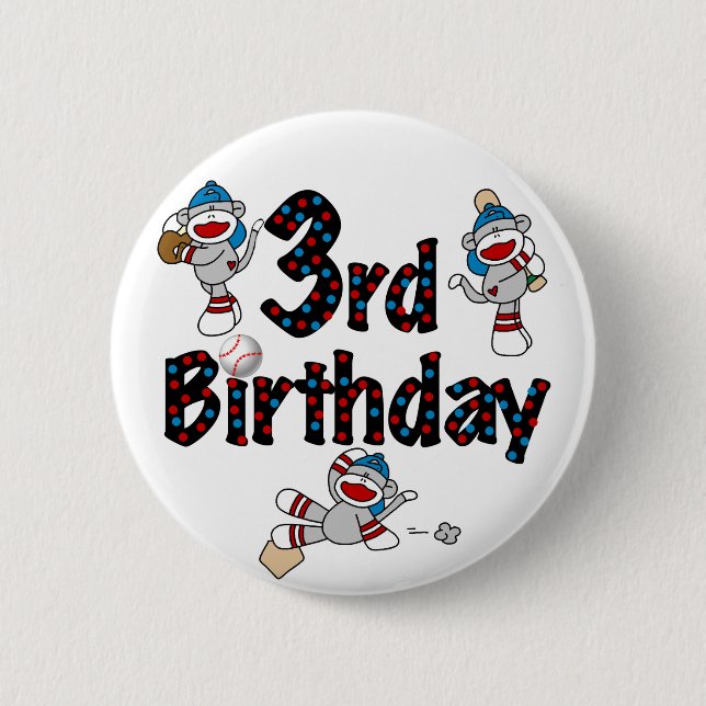 3. Sock Monkey Baseball Geburtstag Button (Vorderseite)