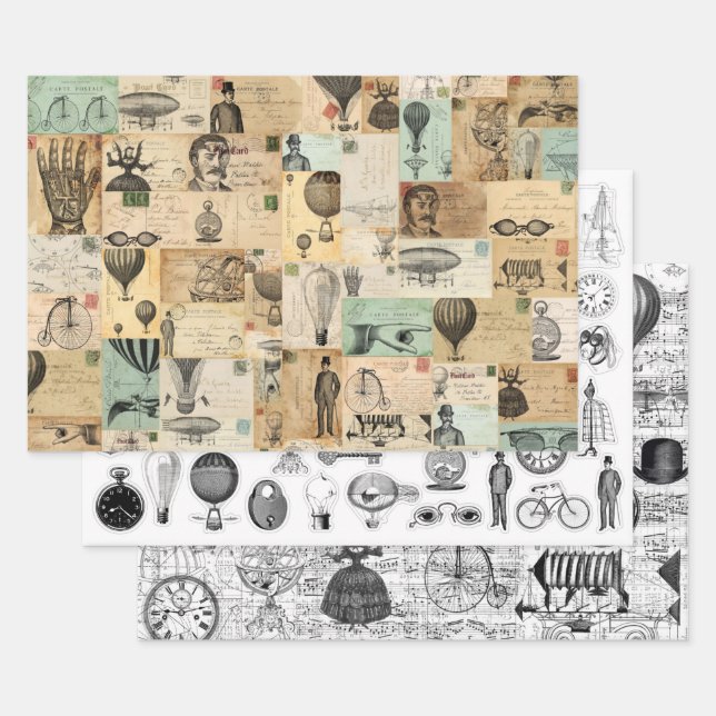 3 Steampunk Collage Ephemera Sheets Geschenkpapier Set (Set)