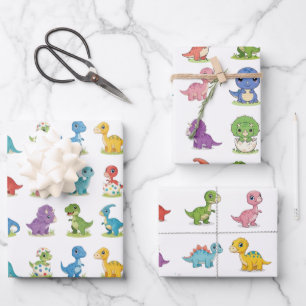 3 Süße farbenfrohe Dino-Muster-Geburtstags-Geschen Geschenkpapier Set